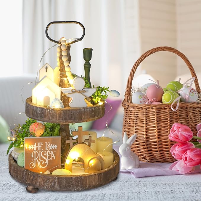 Glenmal 4 Pcs Easter Tiered Tray Decor He is Risen Religious Tiered Tray Decorations Wooden Easter Jesus Sign with LED Fairy Lights for Farmhouse Home Church Table Christian Catholic Cross Gifts