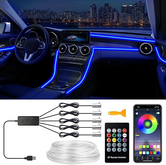 Interior Car LED Strip Lights, RGB 5 in 1 Ambient Lighting Kits with 236 inches Fiber Optic, 16 Million Colors Music Sync USB Car Interior Lights with Wireless APP/Button/RF Remote Control (5 in 1)
