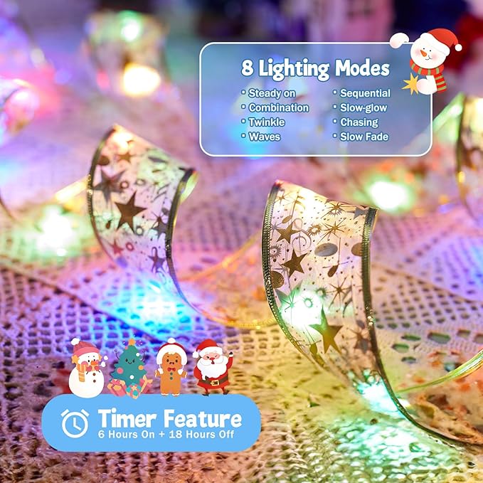 Christmas Tree Ribbon String Lights - 33ft 100 LED Battery Powered Fairy Lights with Timer and 8 Lighting Mode, Ribbon Bows Lights for 6ft - 8ft Christmas Tree New Year Decor, Gold Ribbon, Multi-color