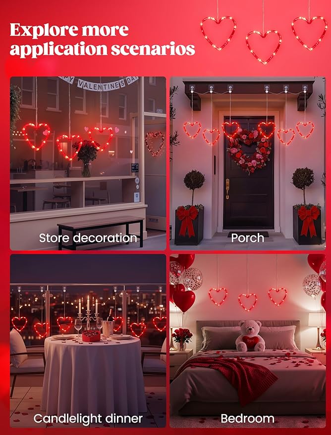 woohaha Valentine's Day Window Lights,3 30LED Heart Curtain String Lights USB/Battery Operated,Hanging Light for Indoor Outdoor Bedroom,Room,Wall,Party,Holiday,Wedding Decorations(Red)