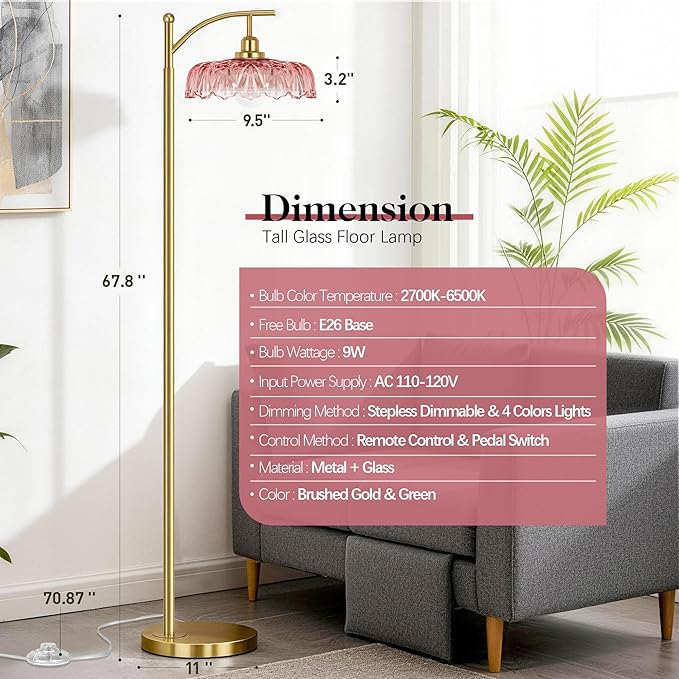 Gold Floor Lamp for Living Room, Dimmable Mid Century Modern Standing Lamp with Remote Control and Pink Glass Shade, 68" Tall Lamp for Bedroom, Vintage Retro Antique Glass Flower Lamp, Brushed Gold
