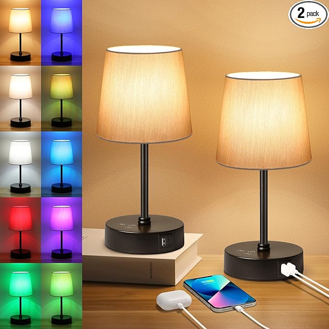 Ascher Small Bedside Table lamp Set of 2, RGB Color Changing Lamps, 3 Color Temperatures Nightstand Lamps with USB C and A Ports, Touch Dimmable Desk Lamp for Bedroom Living Room(Grey Shade)