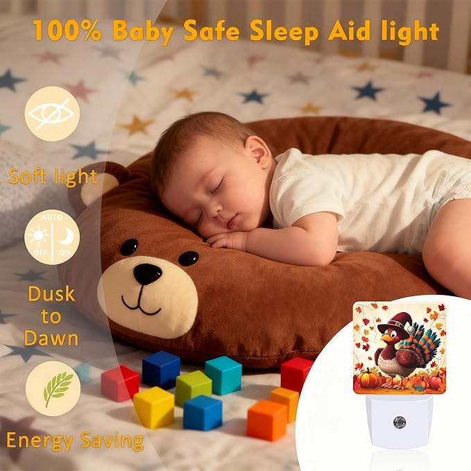 Fall Thanksgiving Cute Turkey Night Light for Kids, Dusk-to-Dawn Auto Sensor Plug in Night Light, 0.5W Energy Saving Non-Toxic Design for Bedroom/Bathroom, Ideal Gifts for Women, Men & Kids