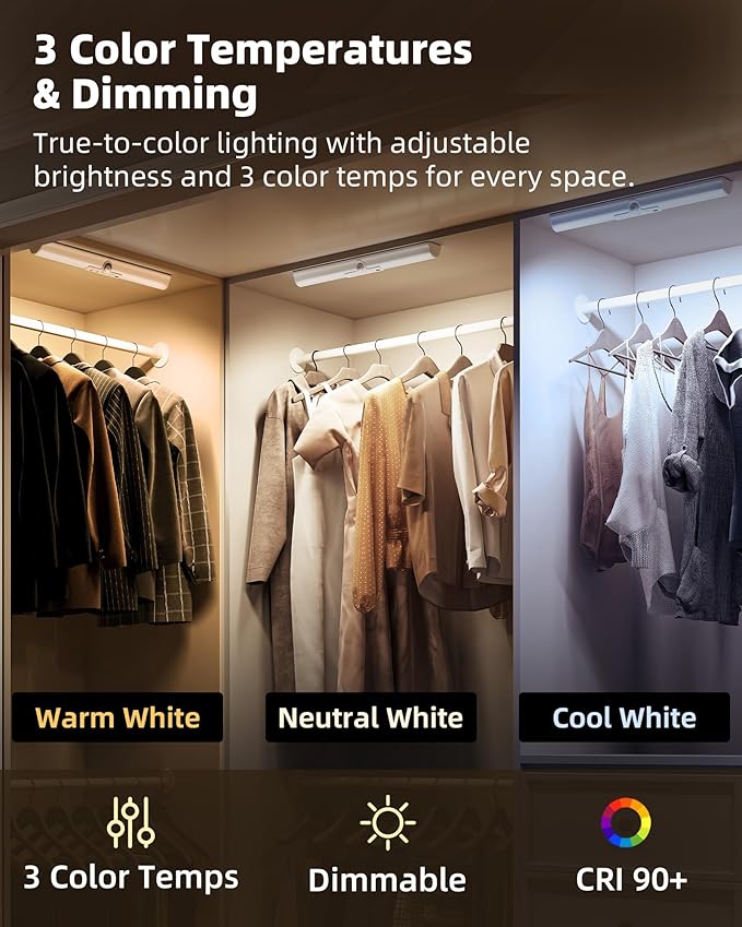 EZVALO 15in Closet Lights with Rotatable Motion Sensor, Rechargeable Under Cabinet Lighting, No-Glare Curved Design, 3 Color Temps & Dimmable LED Lights for Pantry, Wardrobe, Shelf