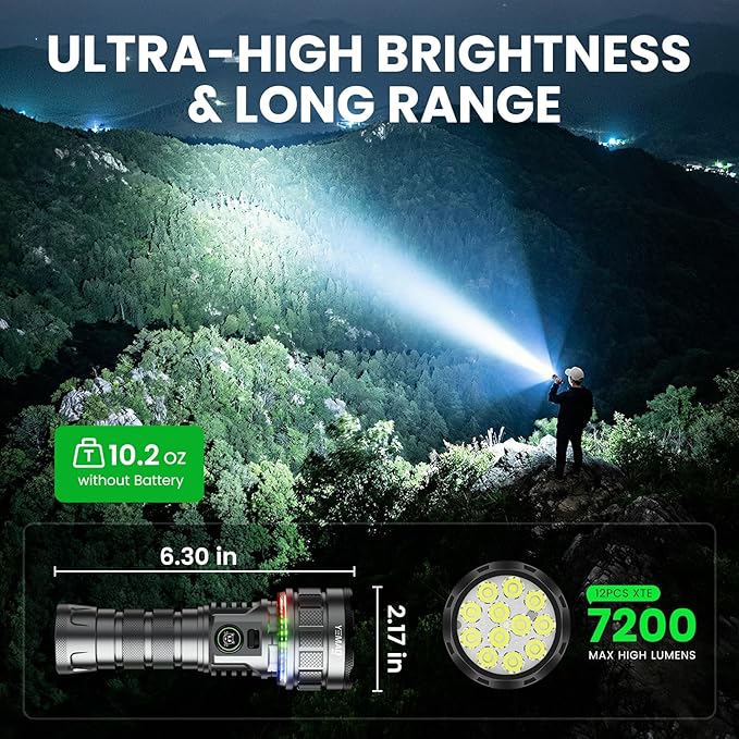 7200 High Lumen Super Bright Rechargeable Flashlight 19 Modes,5000mAh Led RGB Ambient Marquee Flashlight with Memory,High Powered Tactical Flashlight with Camp Light for Home Mergency and Ourdoor Uses