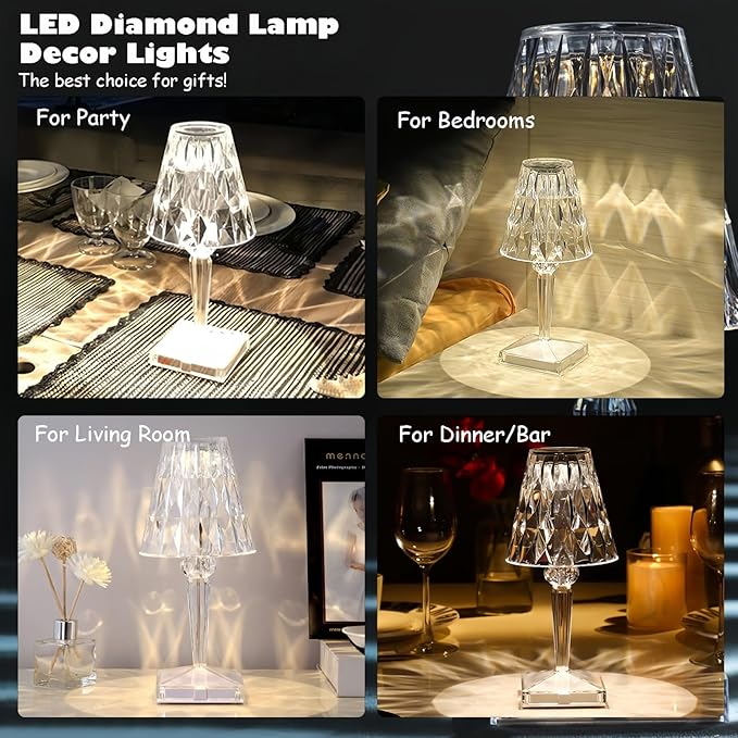 Crystal Cordless Lamp, Touch Dimmable 3 Color LED Rechargeable Romantic Small Lamp, Battery Operated Decor Night Light for Bedroom, Living Room, Party, Dinner, Bar