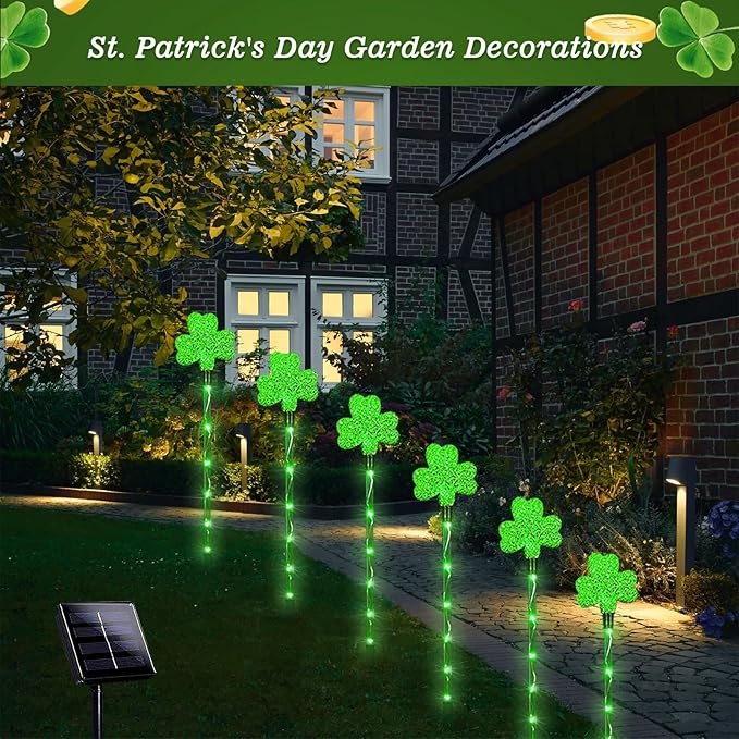 St. Patricks Shamrock Pathway Lights, 6pcs Green Lucky Clover Lights with 8 Lighting Modes, Solar Stake Lights Outdoor Waterproof, LED Landscape Light for Green Irish Decoration (Green - Clover)