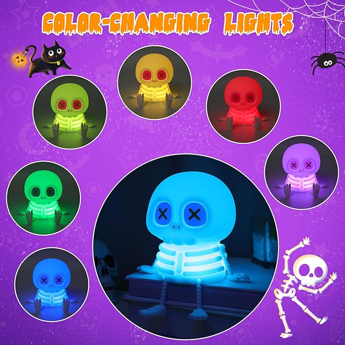 Skull Night Light, Cute Silicone LED Skeleton Lamp, Color Changing & Dimmable Helloween Room Decor, Squishy Cordless Rechargeable Nightlight, Bedside Light for Christmas Halloween Gifts