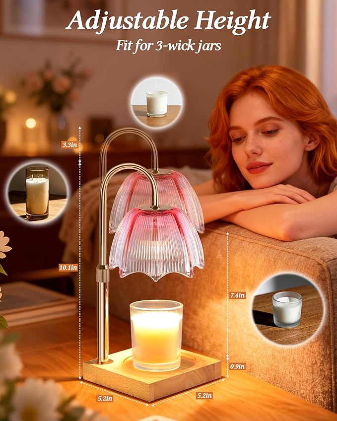 Candle Warmer Lamp with Timer Dimmable Adjustable Height, Cozy Home Decor House Warming Christmas Birthday Gifts for Women, Flower Candle Lamp Wax Melt Warmer for Scented Jar Candles, Gradient Pink