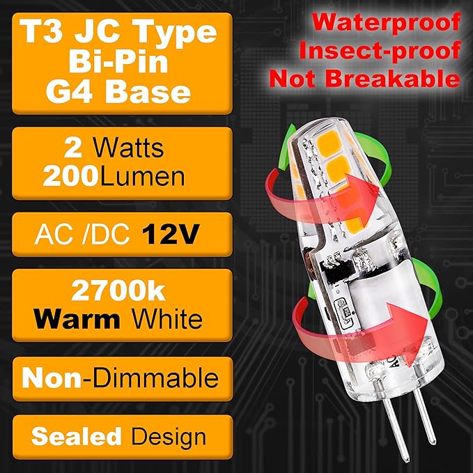 G4 LED Bulb 2W 2700K Warm White AC/DC 12V 10W-20W T3 JC Type Bi-Pin G4 Base Halogen Bulb for Outdoor Landscape Path Lighting Under Cabinet Puck Lights Chandelier RV Camper Boats,No-Flicker,10 Pack