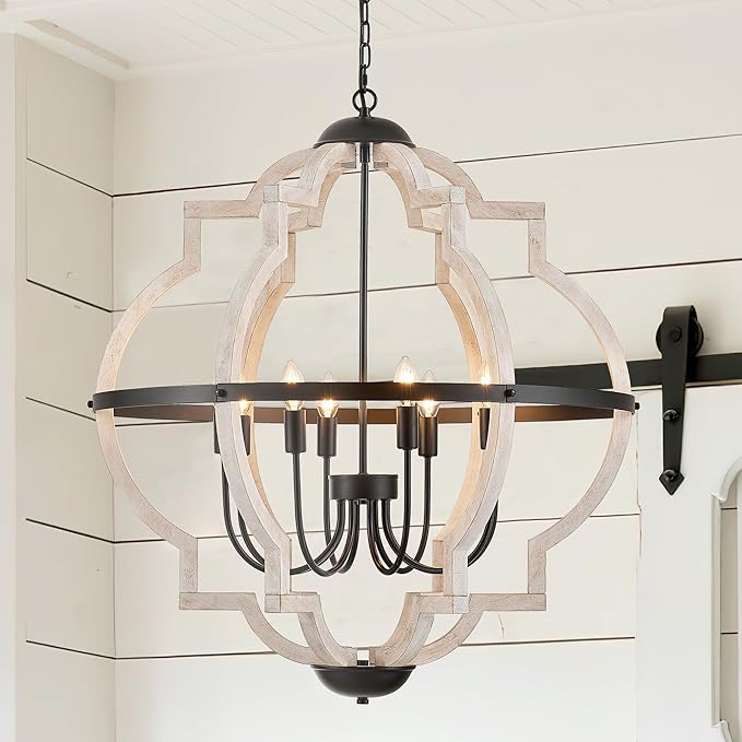 8-Light Wood Pendant Light,31.96'' Vintage Rustic White Wood Chandeliers,Retro Industrial Hanging Light Fixtures for Dining Room Entryway, Bedroom