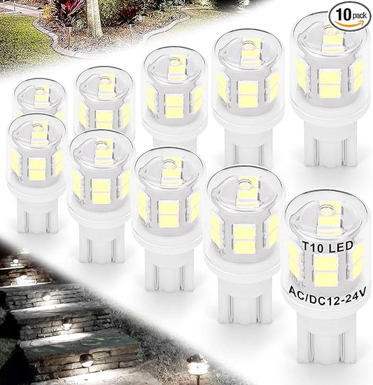 12V T5 T10 Wedge Base LED Bulbs 2 Watt Replace 11W 18W Incandecent Bulbs 300lm 6000K Daylight White 194 921 LED Bulb for RV Camper Marine Boat Ceiling Dome Landscape Stair Step Path Lights, 10 Pack