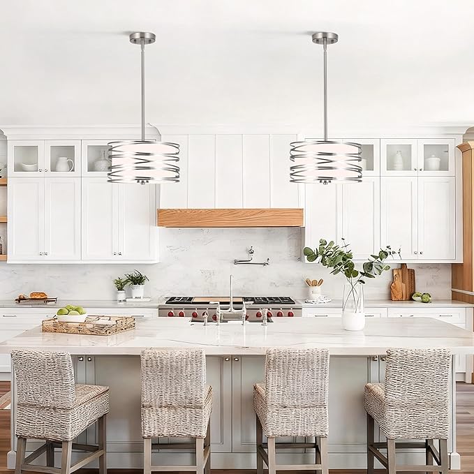 12.6'' Brushed Nickel Drum Chandelier, 3-Lights Hanging Dining Room Light Fixtures Over Table, Simple Round Pendant Lighting for Kitchen Island Hallway Bedroom Foyer Bathroom Office