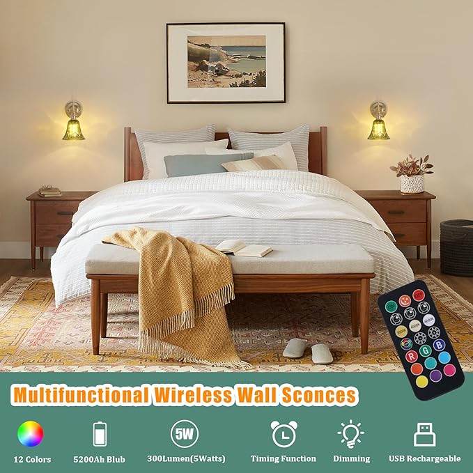 Battery Operated Wall Sconce Set of 2, Vintage Rechargeable Wall Lights with Green Morning Glory Glass Shade, Wireless Indoor Wall Lamp with Remote for Bedroom Living Room Bathroom