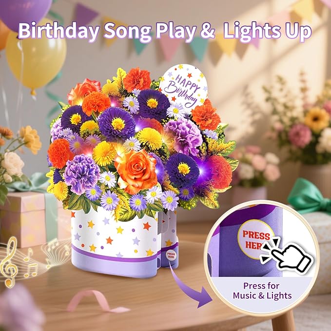 Birthday Cards, Happy Birthday Cards with Music & Lights, Daisy and Yellow Rose, 10 Inch Life Sized Forever Flower Bouquet Greeting Card Gifts for Wife Women Mom Grandma Sister