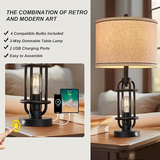 23.75'' Industrial Black Metal Table Lamps Living Room Lamp for Nightstand Bedroom lamps Set of 2 Bedside End Side Table Lamps Home Decor Touch Lamp Modern Lamps With USB Port, Bulbs Included