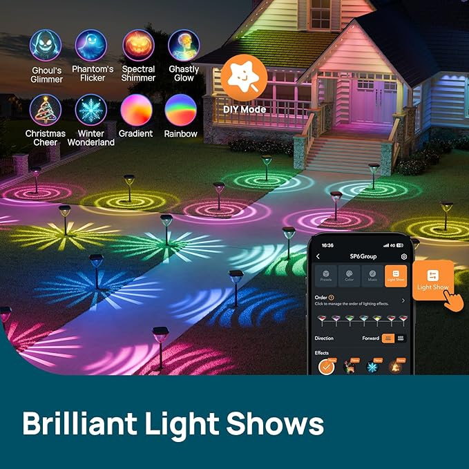 Linkind Smart Solar Pathway Lights SP6, in-App Pattern Switching Solar Lights Outdoor, USB&Solar Charging St. Patrick's Day Lights, Cool/Warm White/Color-Changing Lighting for Yard, Patio, 4 Pack