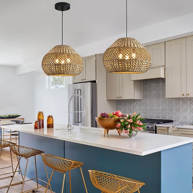 19.29” Large Rattan Pendant Light,3-Light Wicker Chandelier Light Fixture,Boho Kitchen Island Hanging Seagrass Rustic Lighting for Dining Room, Farmhouse,Foyer