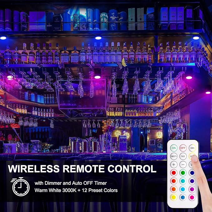BLS LED Puck Lights with Remote Control, Wireless Under Cabinet & Closet Lighting, RGB 13 Color Changing Lights with Dimmer, Timer & AA Battery Operated, Push, Touch, Stick on for Night, Black, 2 Pack
