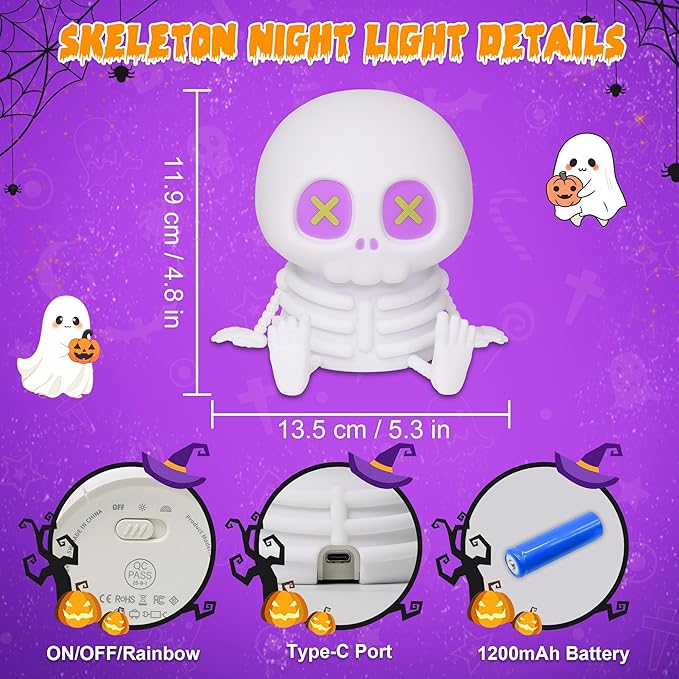Skull Night Light, Cute Silicone LED Skeleton Lamp, Color Changing & Dimmable Helloween Room Decor, Squishy Cordless Rechargeable Nightlight, Bedside Light for Christmas Halloween Gifts