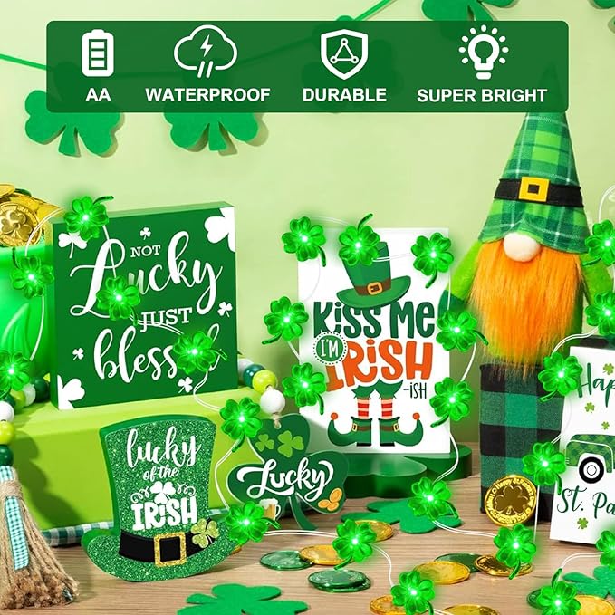 Aogist Super Bright 50LED Shamrock String Lights - 16ft St Patrick's Day 3D Clover Fairy Lights Battery Operated for Indoor/Outdoor Irish Party, Wedding, Holiday Green Decor - 1 Pack