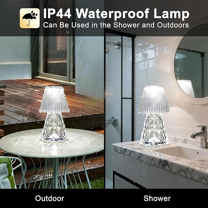 Waterproof Shower Lamp, Rechargeable Bathroom Lamp with RGB, Cordless Crystal Table Lamp, Dimmable Crystal Bedside Night Light for Bathroom Bedroom