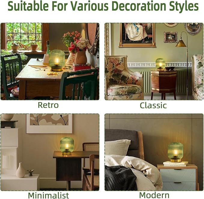 MJ PREMIER Rechargeable Lamp, Green Glass Lamp with Memory Function, Cordless LED Lamp with Dimmable Brightness, Decorative Touch Lamps for Bedroom Living Room