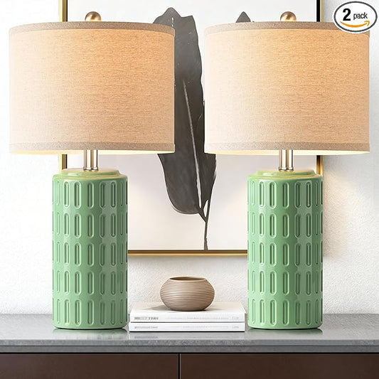 PARTPHONER 23" Farmhouse Modern Ceramic Table Lamp Set of 2 - Green Bedside Lamps for Bedroom & Living Room, Nightstand, Desk, End Table