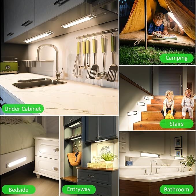 51-LED Motion Sensor Under Cabinet Lighting, 12-inch Magnetic Rechargeable Under Counter Closet Lights, Wireless Light Bar, 3-Pack, Neutral White