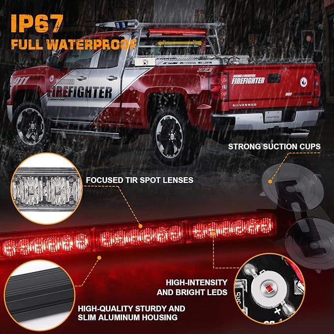 XRIDONSEN 35 inch Traffic Advisor Red Emergency Light Bar 48 LED Strobe Lights Safety Flashing Hazard Warning Lights Front/Rear Window w/Display Controller for Volunteer Firefighter Vehicles Fire POV