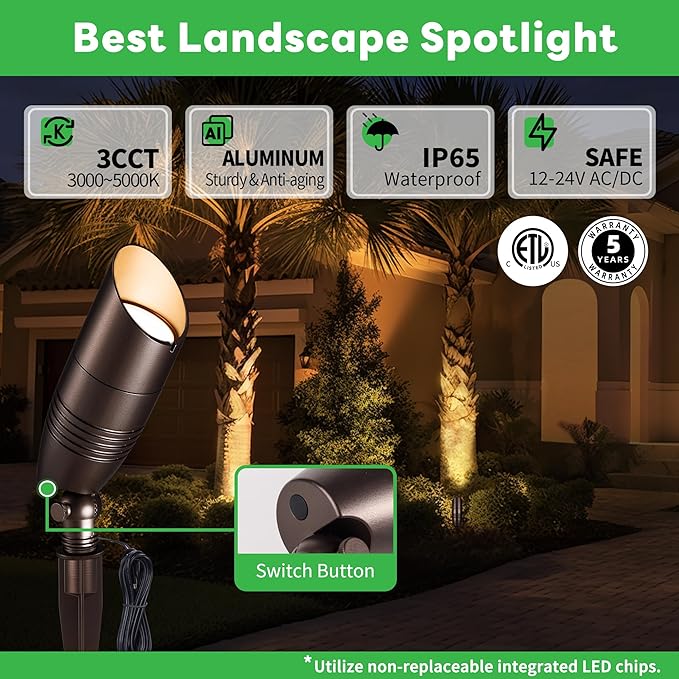 Low Voltage Landscape Lighting Kit, 4 Pack 3000K/4000K/5000K Adjustable Spotlights and 100W Transformer and 100FT Cable and 20 Wire Connectors, Aluminum ORB Waterproof Uplight for Tree Yard