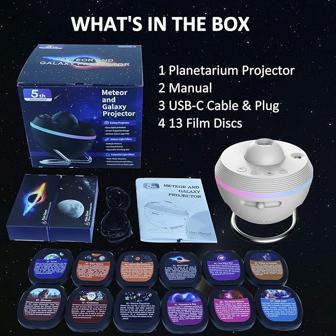 Star Projector,Galaxy Projector for Bedroom,HD Image Large Projection Area LED Lights with 4K Replaceable 13 Galaxy Discs,Timer,Meteor & Lighting Effects,Sky Light for Kids Adults Party Home Decor