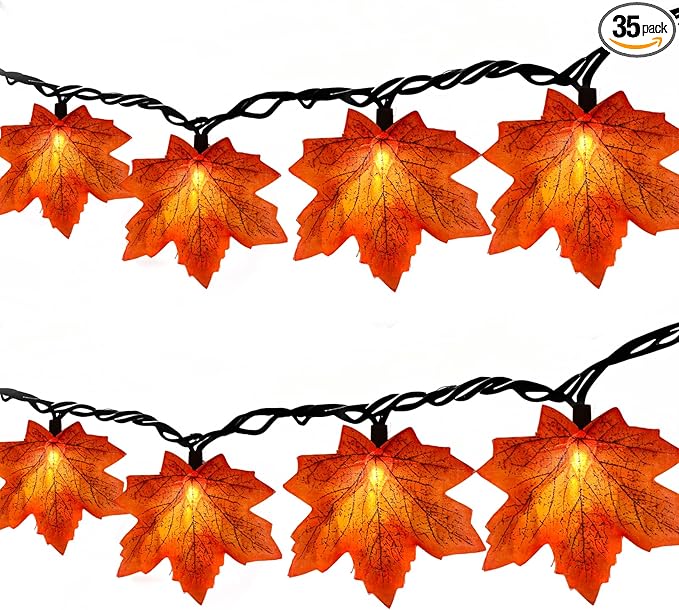 Thanksgiving Orange Maple Leaf Lights, 13.6FT Orange Fall Leaves String Lights, Waterproof Connectable Outdoor Patio String Lights for Indoor Home Outdoor Fall Decor Halloween Decorations