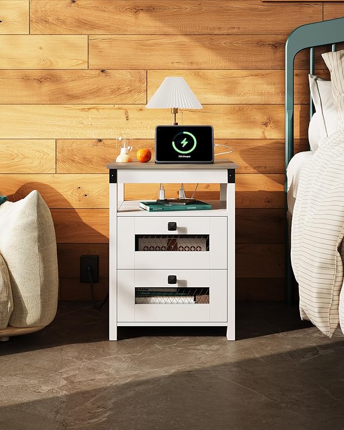WLIVE Nightstand with Charging Station, Farmhouse End Table, Bed Side Table with 2 Storage Drawers and Open Shelf, Wood Rustic Nightstands for Bedroom, Living Room, White and Greige