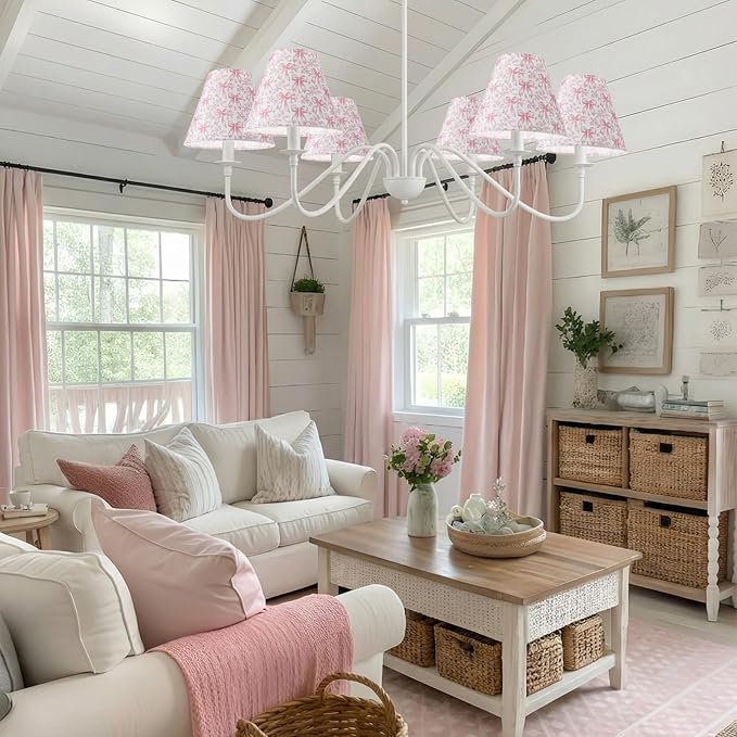 VIHOSE 6 Pcs Chandelier Lamp Shades Small Lamp Shade 3" Top x 6" Bottom x 5" Slant Vintage Coquette Pink Bow Toile Chinoiserie Clip on Lampshade for Wall Sconces Pendant Lighting