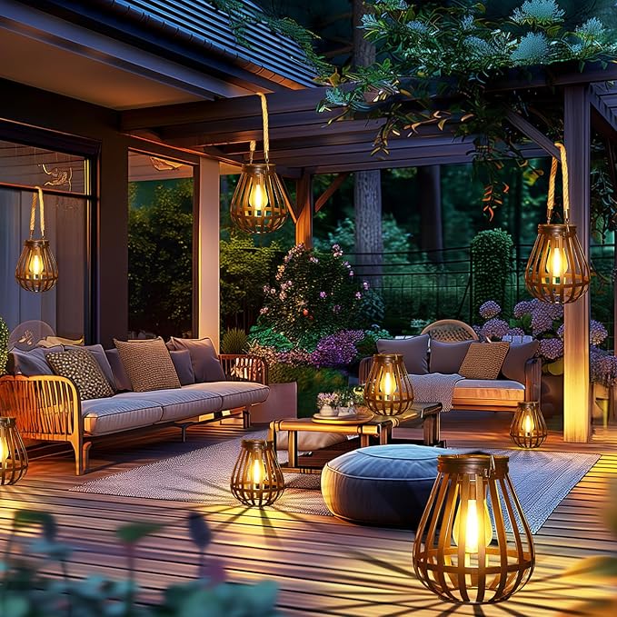 Solar Lanterns Outdoor Waterproof: Metal Hanging Lights for Outside with Rope for Garden, Yard, Patio, Porch, Balcony Decorations, Bright Hanging Solar Lantern Outdoor Decor Gifts for Women