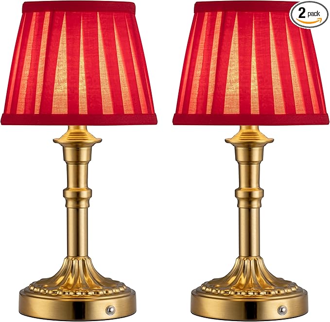 KDG Cordless Portables Table Lamp Set of 2, LED Fabric Shade Small Desk Lamps, 5000mAh Battery Powered Lighting, 2700K Stepless Dimmable Light for Living Room, Dining Room, Bedroom (Gold+Red)