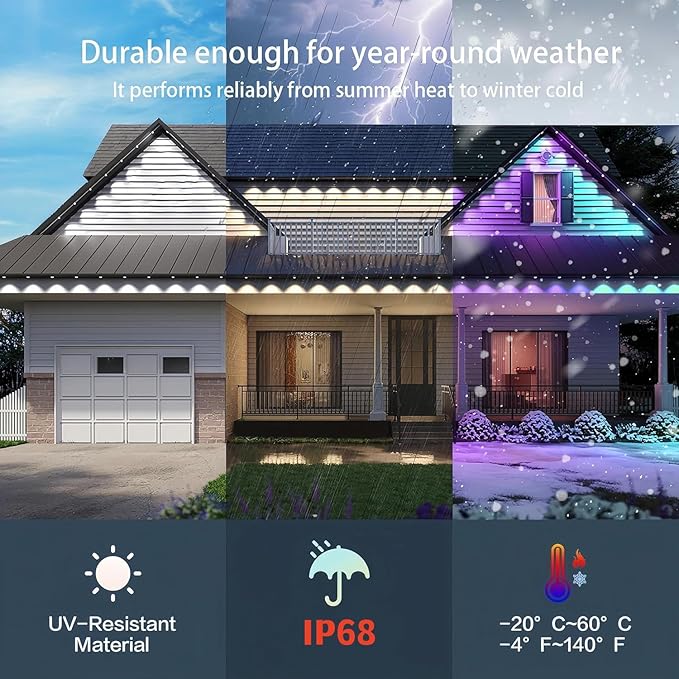 Permanent Outdoor Lights 150ft, RGBWC+IC Smart LED Strip with 50+ Scene Modes, IP68 Waterproof, App & Remote Control for Christmas, Holiday, Roof, and Pool Party Decor (200FT-120LEDS)