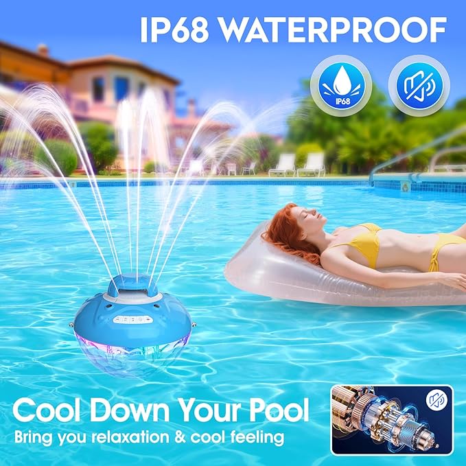 Blufree Bluetooth Pool Speaker w/Colorful Pool Fountain Light, 3 in 1 Floating Pool Speaker Loud Sound, IP68 Waterproof Floating Hot Tub Speakers, Bluetooth 5.4, 24H Playtime Pool Wireless Speakers