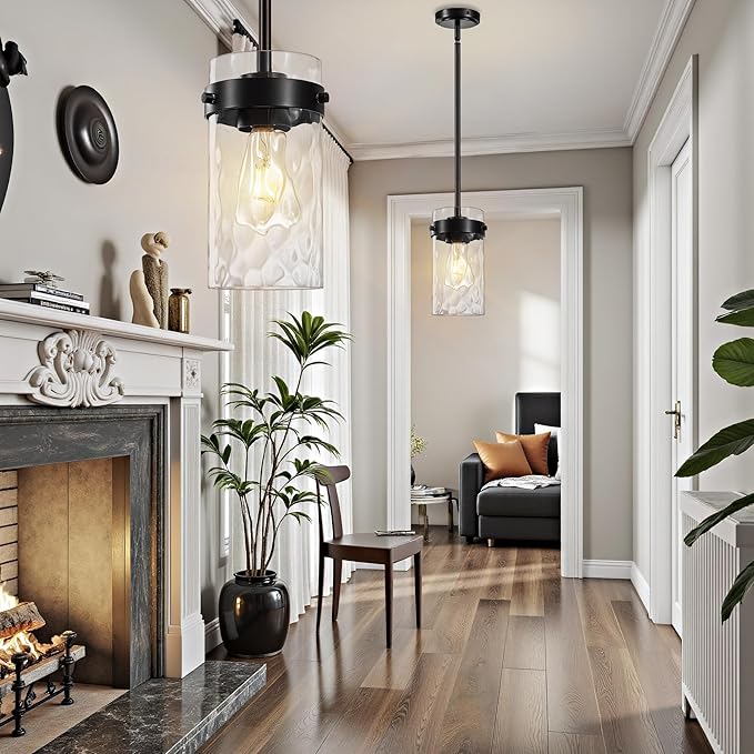 4.72" Hammered Glass Pendant Lighting for Kitchen Island 1 Pack, Modern Black Pendant Light Fixtures, Adjustable Ceiling Pendant Light for Kitchen Island Dining Room Bedroom Hallway