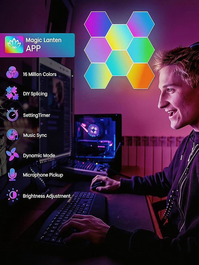 TISOFU Hexagon LED Lights - 12 Pack RGB Wall Panels, Modular Smart Light Panel with Music Sync, Remote & APP, Honeycomb Lights Wall for Gaming Room, Bedroom Decor, Kids, Adults, Gift