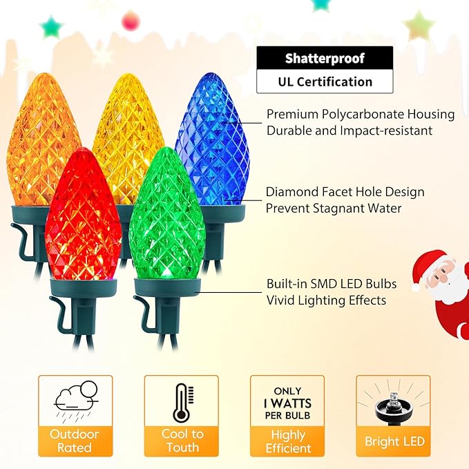 Brightown C9 LED Christmas String Lights, 2 Pack Total 132ft 200LED Multi-Color Outdoor Lights String, Plug-in Connectable Roofline Lights String for Outside Yard Christmas Holiday Decor