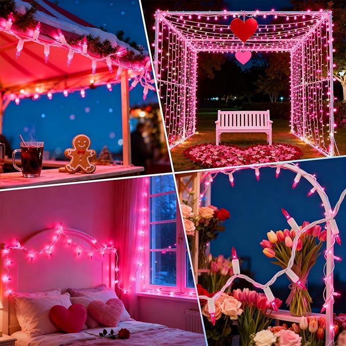 WATERGLIDE 2 Pack Valentine's String Lights, 50 Count 11.5FT White Wire Mini Incandescent Christmas Fairy Light, UL Certified for Patio Wreath Garland Garden Easter Holiday Outdoor Indoor Decor, Pink