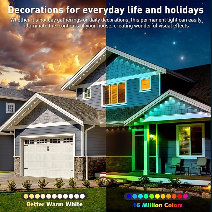 Permanent Outdoor Lights,300FT RGB Eave Light,IP67 Waterproof Lighting for House,Smart LED with App/Remote Control for Outdoor Decor,Garden Decor,Party,Holiday
