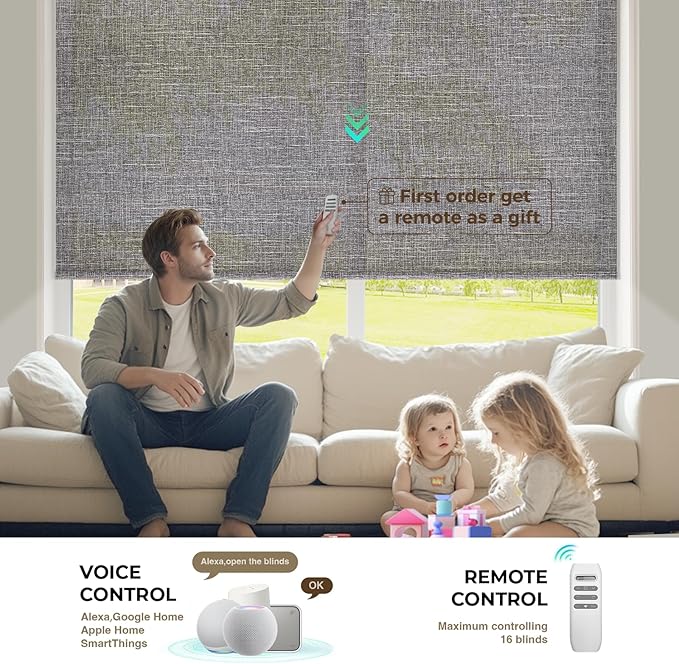 HeyBlinds Motorized Roller Shades, Smart Blinds for Windows, Remote Automatic Window Shades, Electric Shades, Light Filtering, Compatible with Alexa Google Apple Home (Grace-Stormy Gray LF)