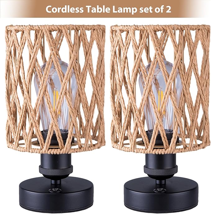 Cordless Outdoor Table Lamps, Small Rattan Boho, Rechargeable Battery Operated for Outdoor Patio, Home, Living Room, Bedroom, Bedside - Set of 2 (Beige-A)