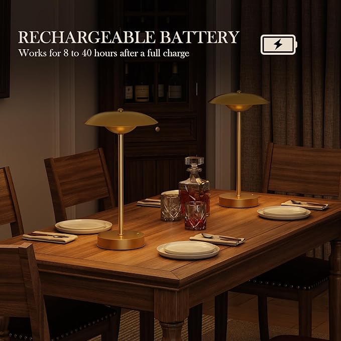 2 Pack Cordless Table Lamps, Rechargeable Battery Powered Lighting, Indoor/Outdoor Table Lamps for Patio Restaurant Home Dinner Dining Kitchen Bar Night Light Balcony,Waterproof & Wireless(Gold)