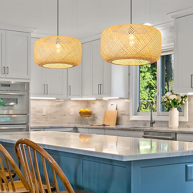 17.72in Bamboo Pendant Light Rattan Wicker Hand Woven Lighting Fixture Boho Coastal Beach Chandelier Hanging Basket Lights for Kitchen Island Dining Room Restaurant Hallway Foyer