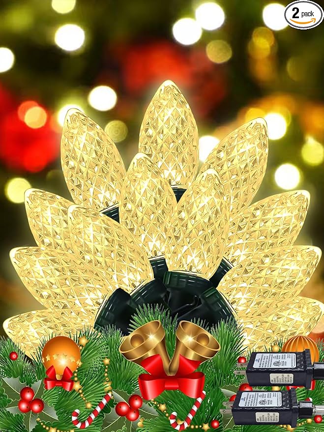 2-Pack C9 Christmas String Lights Plug in, 66 FT 100 LED Christmas Lights Connectable with 8 Modes & Timer, Waterproof Fairy Twinkle Light Indoor Outdoor for Xmas Tree Yard Decorations (Warm White)