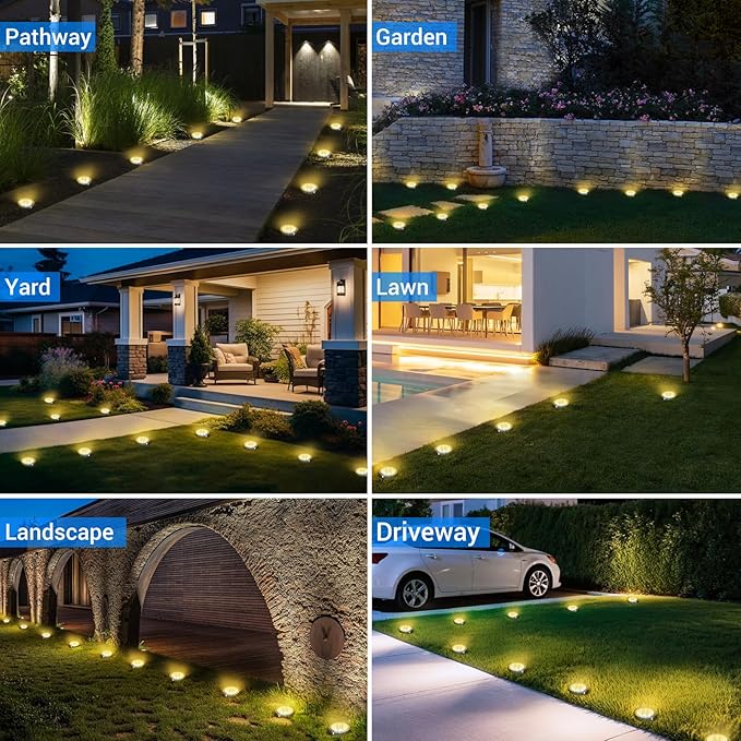 Peasur Solar Ground Lights Outdoor, 8 Pack Flat Solar Powered Disc Lights, IP68 Waterproof, Anti-Rust, Landscape Lighting for Pathway Garden Yard Lawn Walkway Landscape Driveway, Mini, Warm White